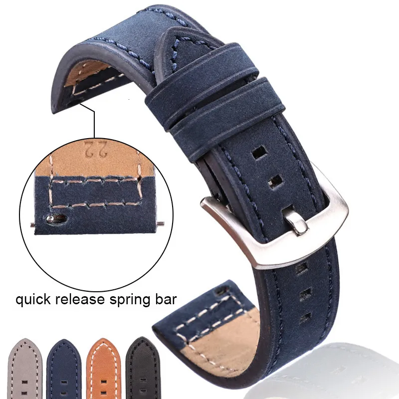 Titta på band Hengrc äkta läder Watchbands Armband Black Blue Grey Brown Cowhide Strap For Women Men 18 20mm 22mm 24mm Wrist Band 230821