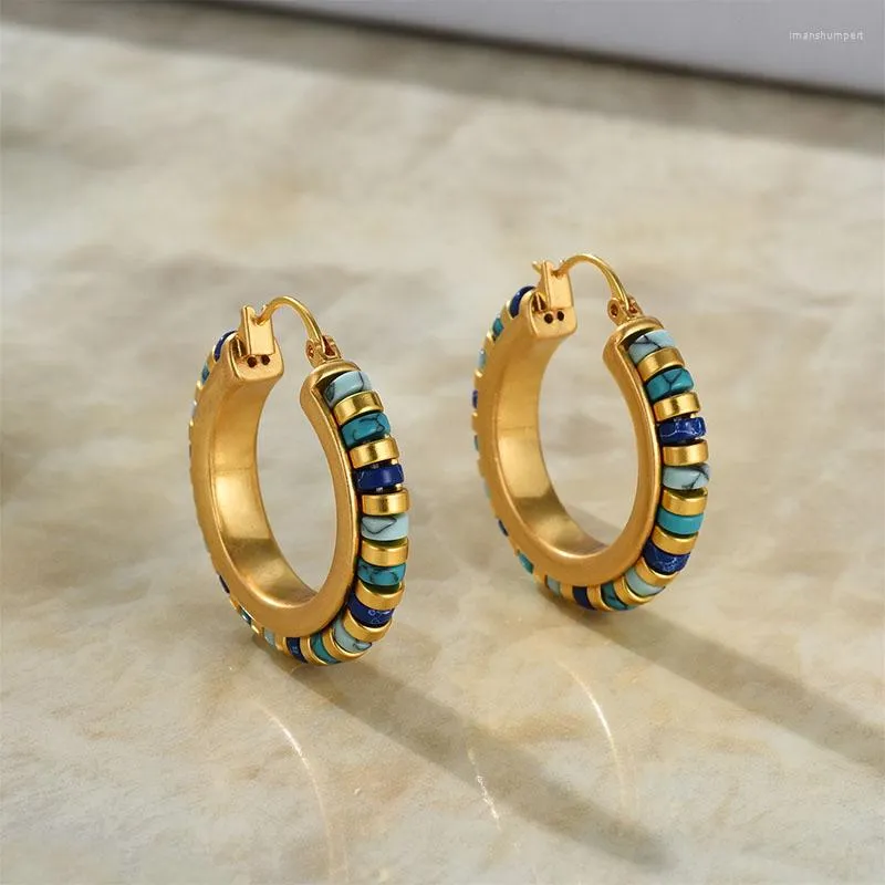 Boucles d'oreilles créoles pierre naturelle perlée en acier inoxydable pour femmes Vintage délicat fait à la main bijoux élégants