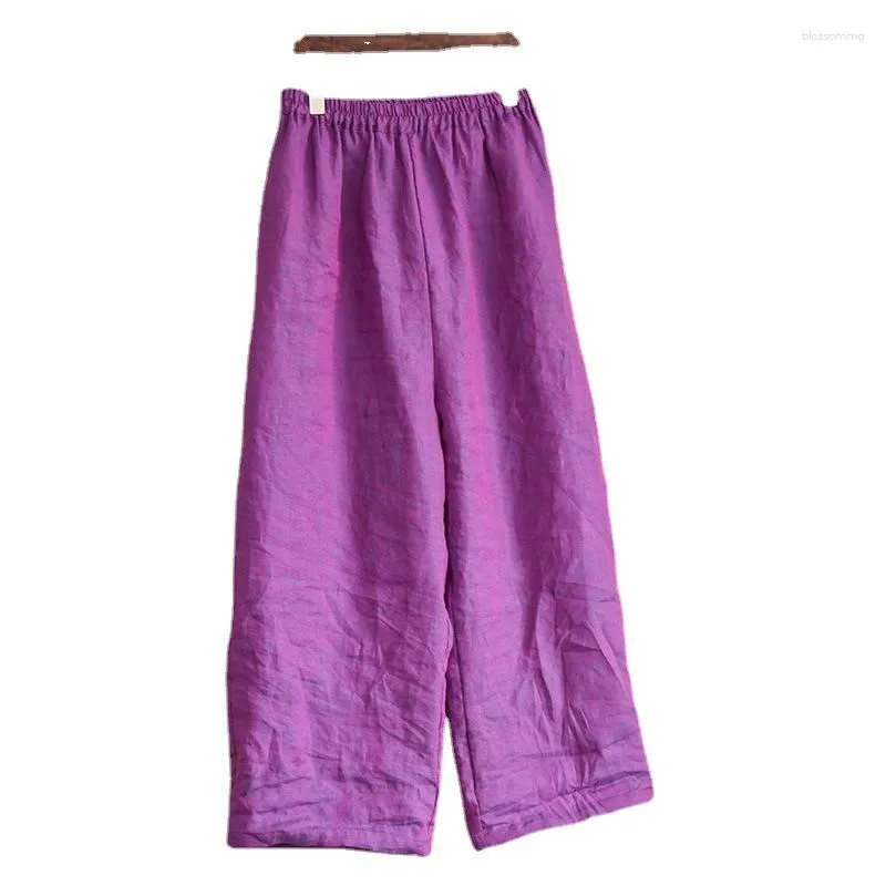 Pantaloni da donna in lino viola gamba larghe donne donne a colori solidi elastica 2023 tasche autunnali primaverili abbigliamento