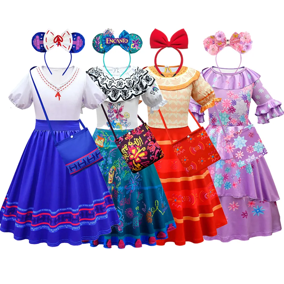 Cosplay Encanto Luisa Madrigal Dolores Pepa Girls Dress With Bag Headband Cosplay Mirabel Carnival Halloween Children Costume 230821