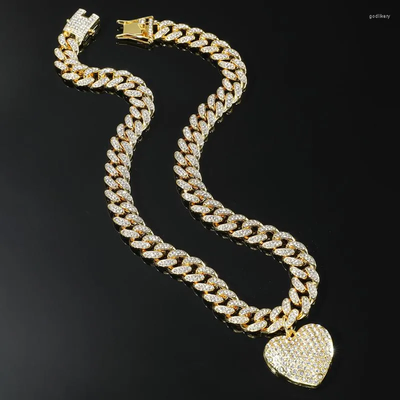 Anhänger Halsketten Hip Hop Iced Out Strass Kubanische Link Kette Gold Silber Farbe Herz Halskette Für Männer Frauen Rapper Schmuck geschenk
