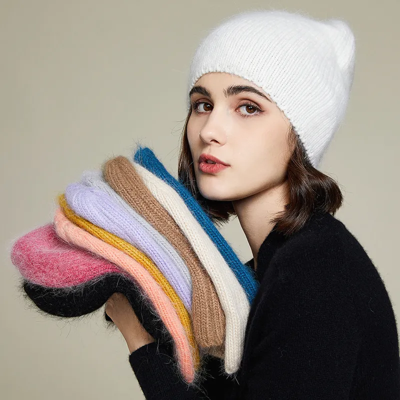 Beanie Skull Caps VISROVER10 colors solid color rabbit fur Winter Hatfor woman long hair Warm cap Simple High Quality soft Beanies 230822