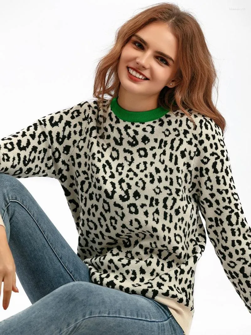 Frauenpullover O-Neck Leopard Patchwork Pullover Pullover Frauen Langarm gedruckt schlanker Strickwaren weiblich 2023 Jacquard Weave Strick-Top