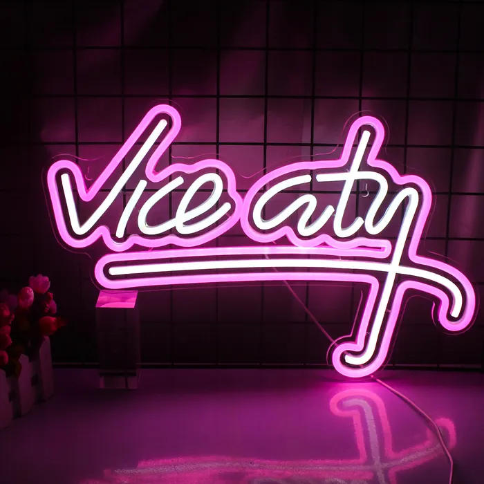 Dekorativa föremål Figurer Wanxing Vice City Neon Sign Pink LED -lampor Sovrum Letters Game Room Bar Party Indoor Home Arcade Shop Cave Art Wall Decoration 230821