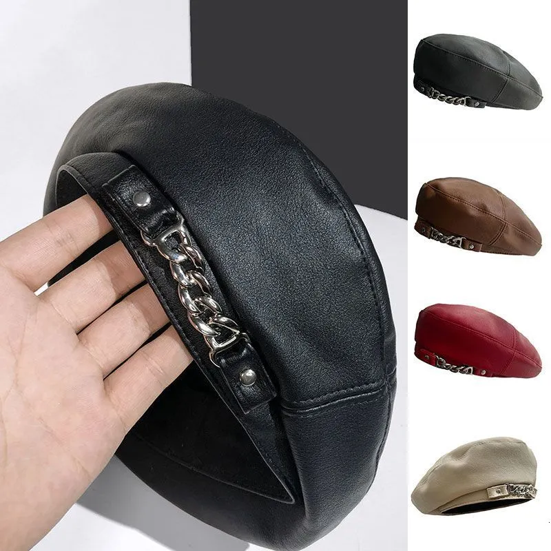 BERETS Fashion Autumn Winter Hip Hop Chain Pu Leather Beret för kvinnor Solid Color Retro Sboy Octagonal Hat Mångsidig målar Cap 230822