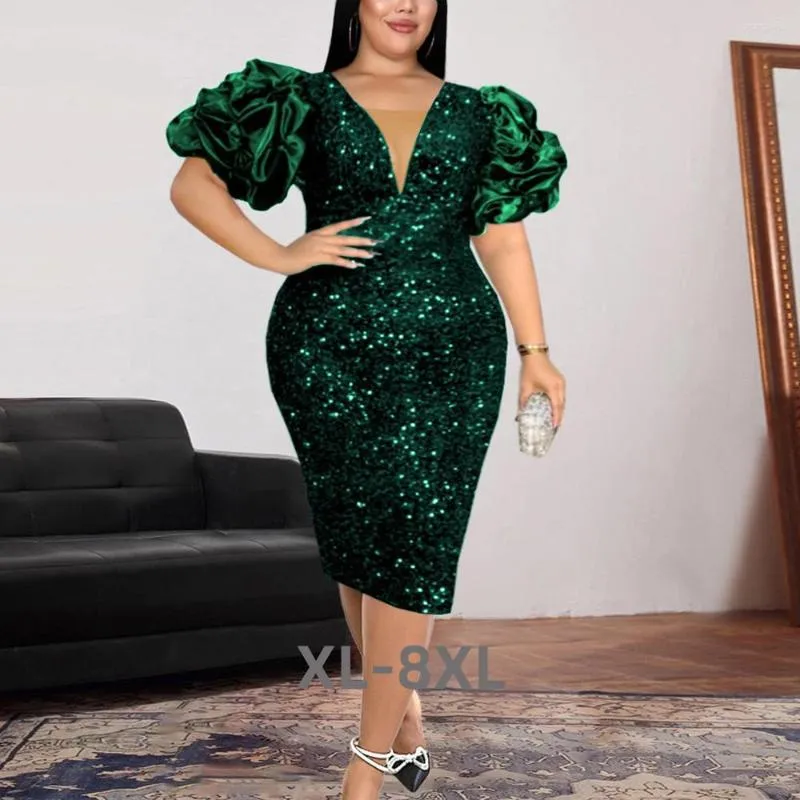 Sexy Sequined Plus Size Bodycon Dress With Round Neck And Puff