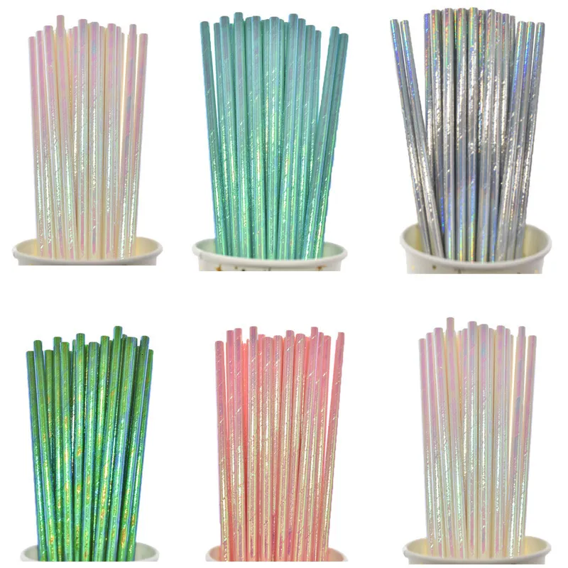 Andra evenemangsfestleveranser Pearlescent Bronzing Paper Straws Pink Green Gradient Foil Drinking Wedding Birthday Decor Baby Shower Kids 230822