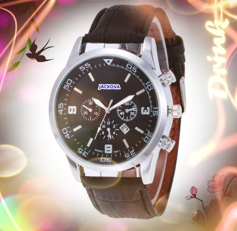 ポピュアーオートマチックデートメンズウォッチ43mm豪華なメンズ本革バンドクォーツムーブメントクロック高品質の超明る腕時計デイギフト