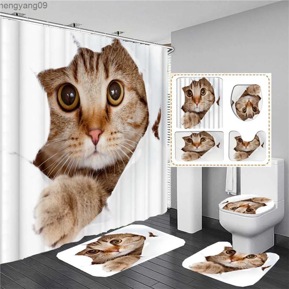 Shower Curtains Cartoon lovely Cat Printed 3D Shower Curtain Waterproof Bathroom Curtain Anti-slip Bath Mat Set Rugs Carpet Home Decor R230822