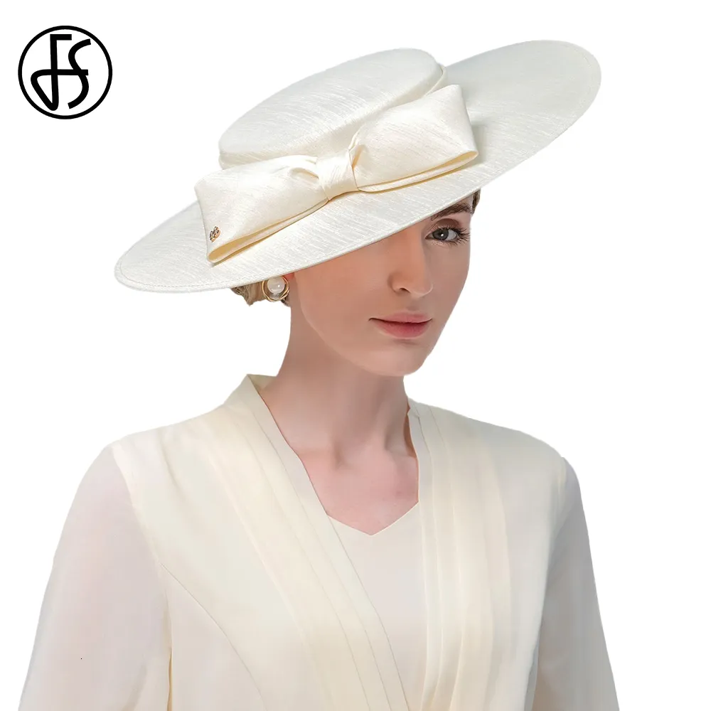 Brede rand hoeden emmer fs elegant ivoor voor vrouwen grote bowknot formele gelegenheid Kentucky cap lady bruiloft cocktail party flat top fedoras 230822