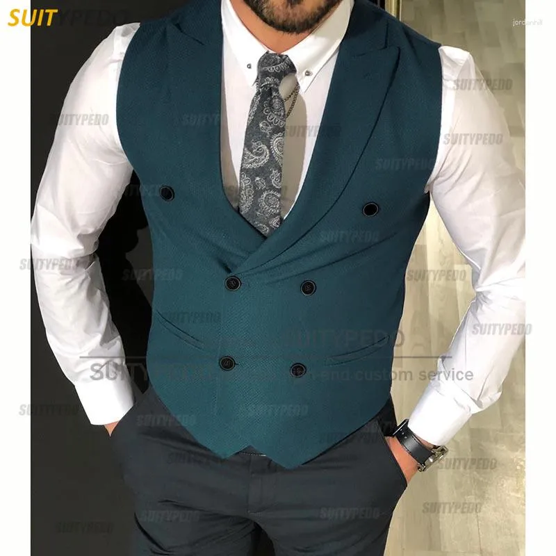 Gilets pour hommes Costume élégant Vert Classique Double boutonnage Business Châle Revers Gilet Mariage Groom Groomsmen Veste sans manches