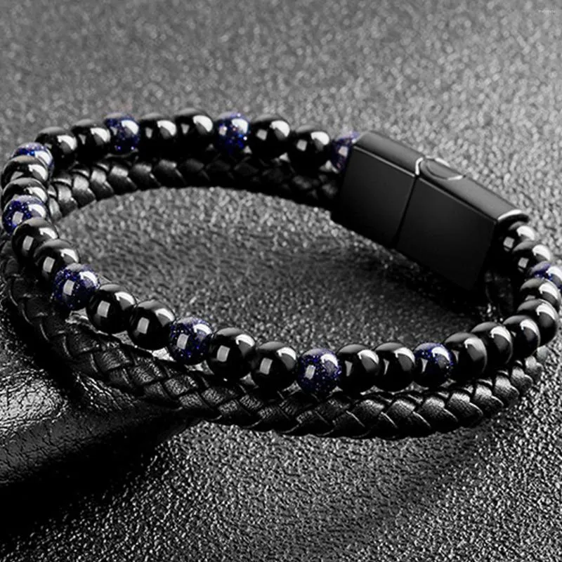 Strand for Mens Charm Lightweight Crafts Elegant Natural Stone Stacking Birthday Beaded Armband Casual Diy Fashion Pu Leather Stretchy