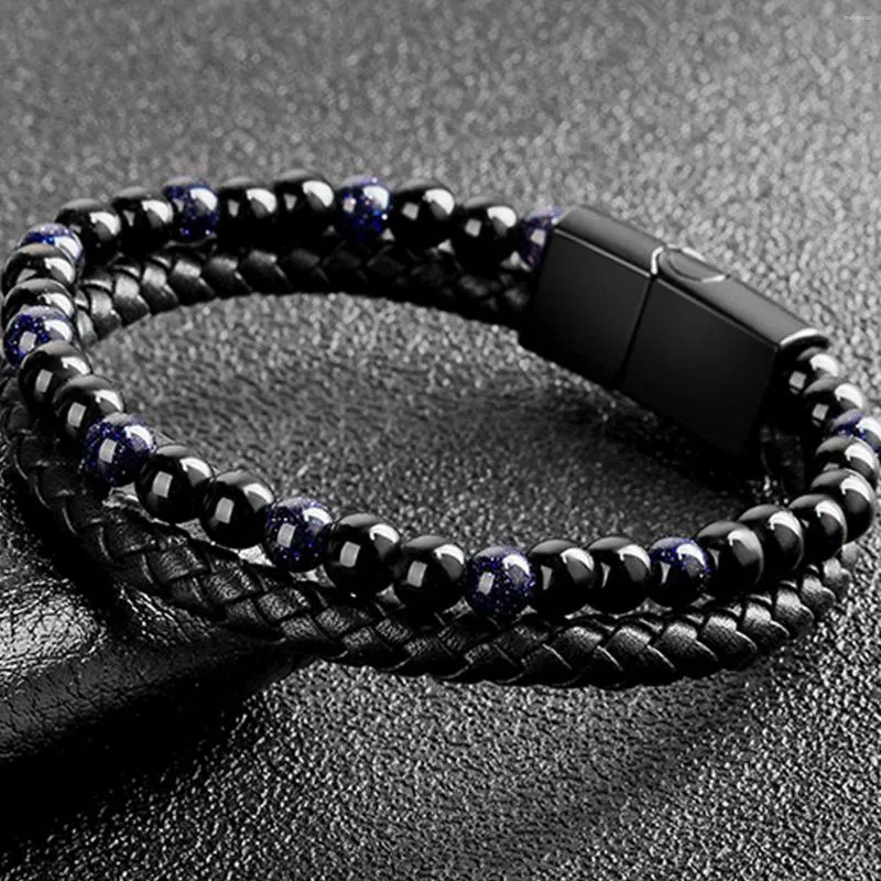 Brin Pour Hommes Charme Léger Artisanat Élégant Pierre Naturelle Empilage Anniversaire Perlé Bracelet Casual DIY Mode PU Cuir Extensible