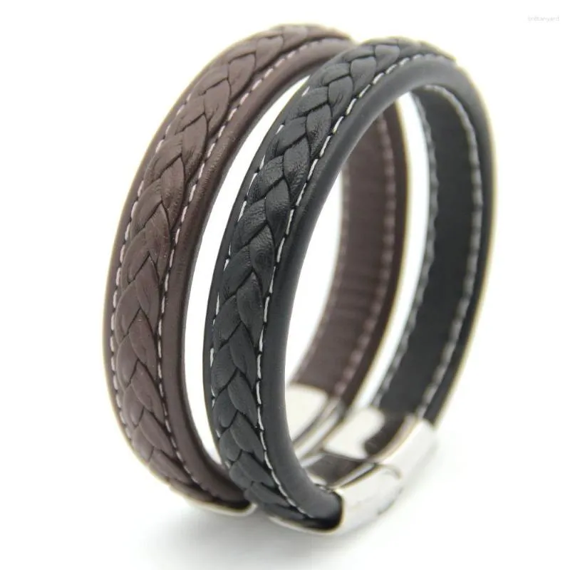 Bangle Austyn Stainless Steel Bracelets Bangles Men Gift Black Genuine Leather Men's Knitted Magnetic Clasp Fashion Jewelry