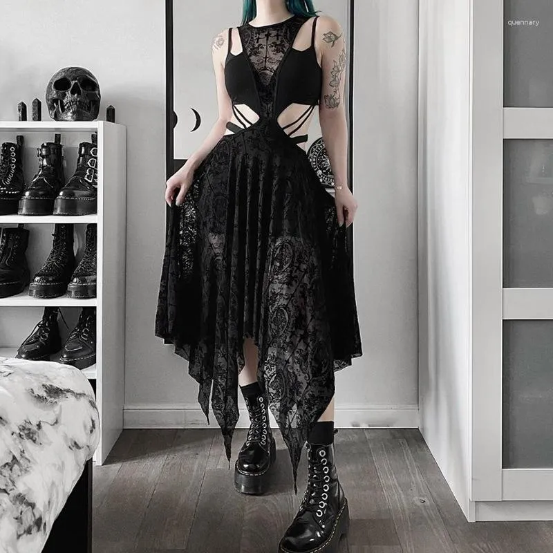 Casual Dresses 2023 Gothic Mesh Patchwork Sexy Grunge Aesthetic Irregular Hollow Out Dress Punk Emo Women Flocking Alt Outfit