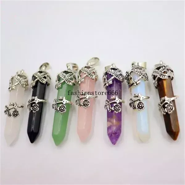 Antike silberplattierte natürliche Heilung Kristall Quarz Steinblume verpackte Hexagon Prism Pendulum Reiki Anhänger Schmuck Schmuck