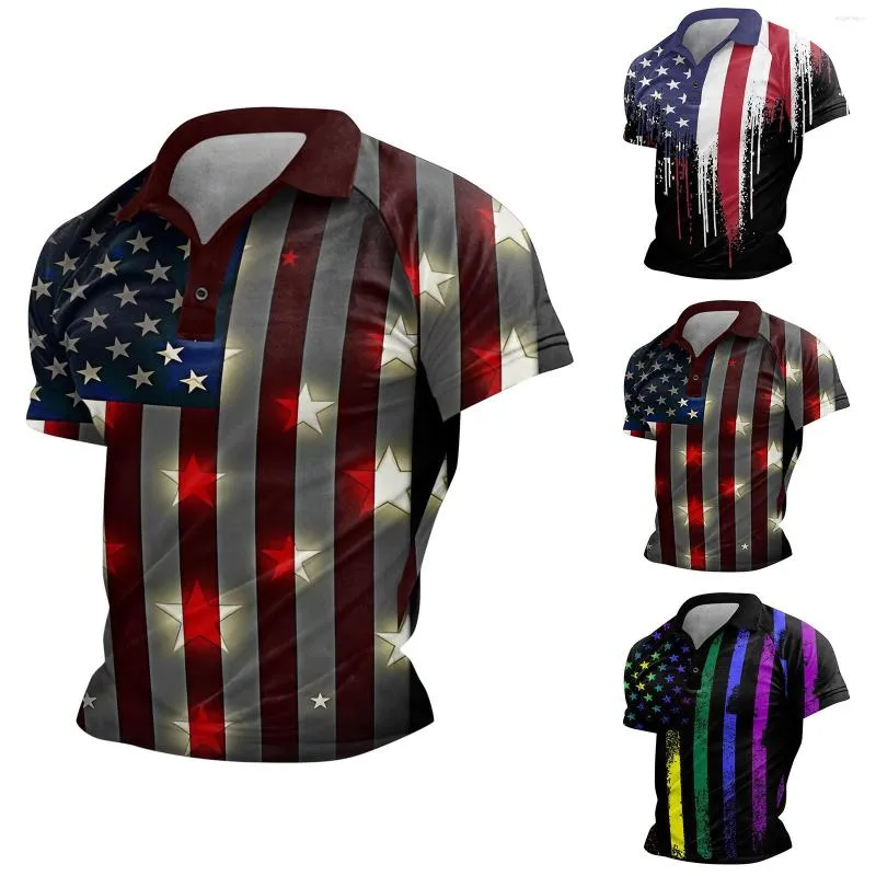 Men's Casual Shirts Male Independence Day Raglan Sleeve Multi Button Lapel Print Festive Celebration Top Vintage Beachwear