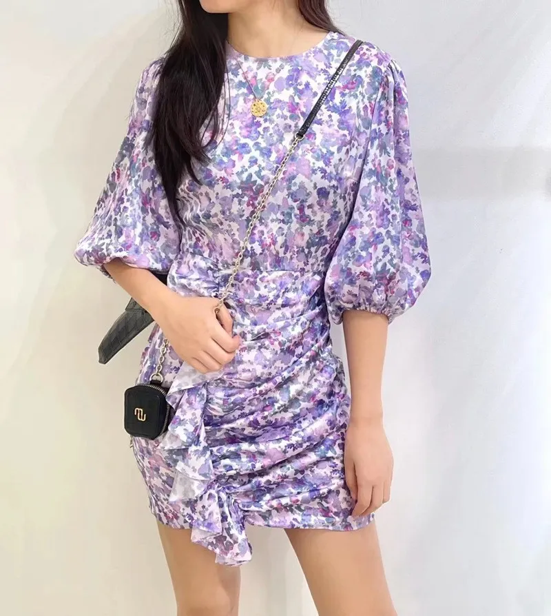 Maje Purple Printed Ruffle Edge Dress High midje Slim Fit Lantern Sleeve Kort kjol