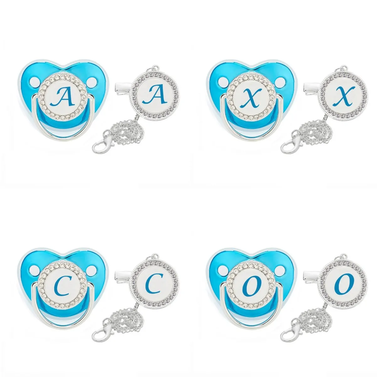 Baby Luxury Blue Pacifier Name Initials Personalized Pacifiers Chain Clip Set Toddler Newborn Nipple Baby Shower Gifts