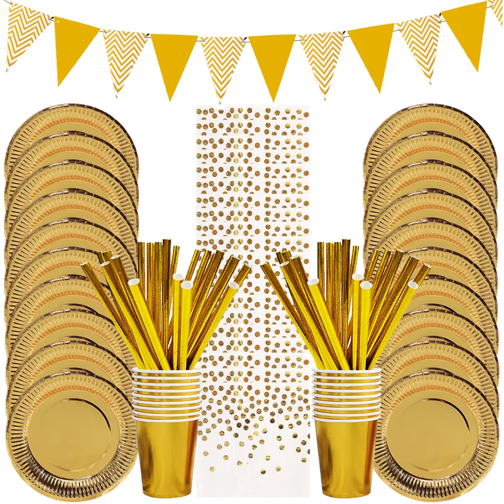 Andra evenemangsfest levererar guld engångsplatta papper bordsartiklar set cup servetter födelsedag bröllop bachelorette dekoration baby shower 230822