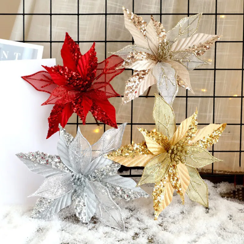 Decorative Flowers Wreaths 25cm Large Artificial Christmas Tree Sequins Decoration Xmas Ornament Party Home Decor Fake Flower Year Wedding Gift 230822