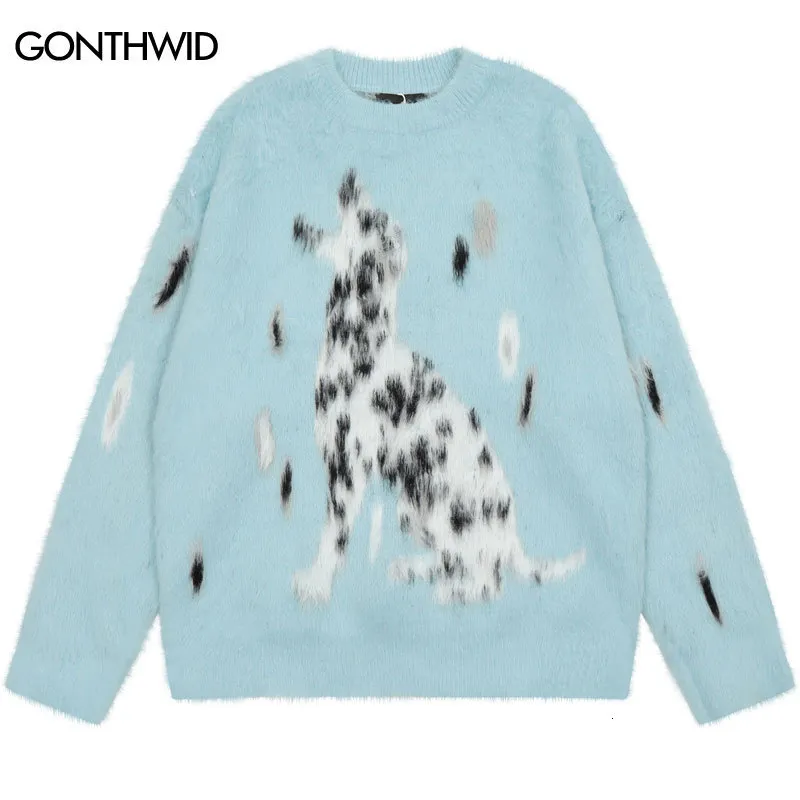 Herentruien Harajuku Dalmatische trui streetwear hiphop gebreide dierenhond pluizige fuzzy jumper y2k mode losse pullovers beige blauw 230822