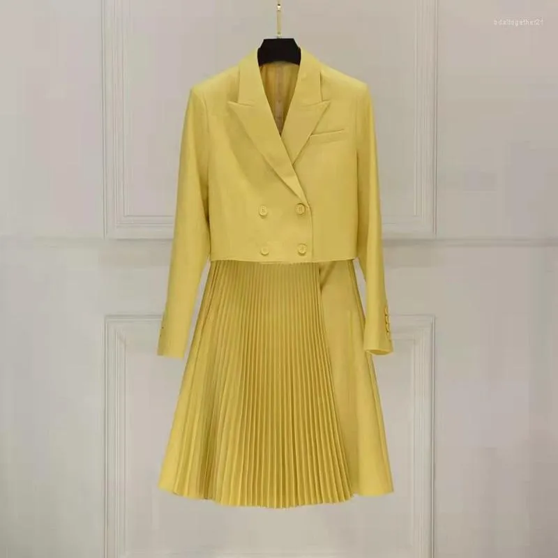 Robes de travail de qualité supérieure, ensembles Blazer, jupe, costumes pour femmes, col cranté, manches longues plissées, taille XXL, automne hiver 2023