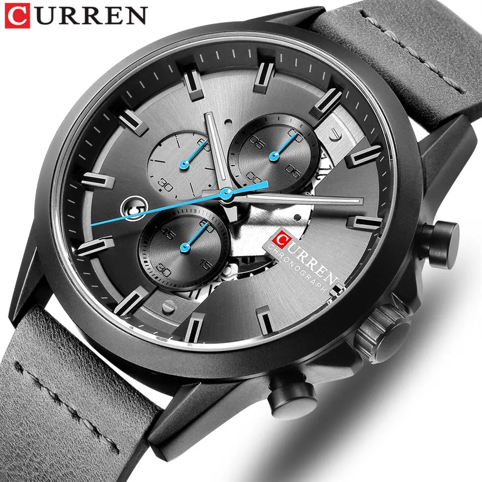 Herren Sportwache mit Chronographen Curren Leatherippen Uhren Mode Quarz Armbandwatch Business Calender Clock male309d