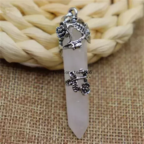 Antike silberplattierte natürliche Heilung Kristall Quarz Steinblume verpackte Hexagon Prism Pendulum Reiki Anhänger Schmuck Schmuck