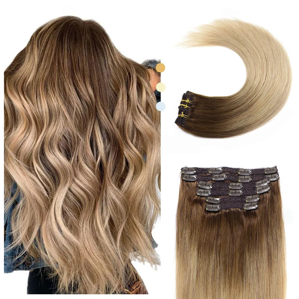 Ombre Blonde Clip in Hair Extensions Seamless Double Weft, T4/24