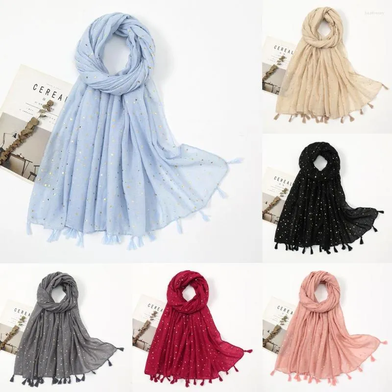 Etniska kläder 2023 Ladies Fashion Plain Shimmer Gold Cotton Shawl Scarf Oversize Thick Wrap Hijab Muslim Sjaal Headscarf Tassel 180 90cm