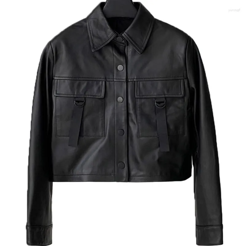 Women's Leather Autumn 2023 Jacket Short Pocket Tooling Sheep Motorcycle Casual
