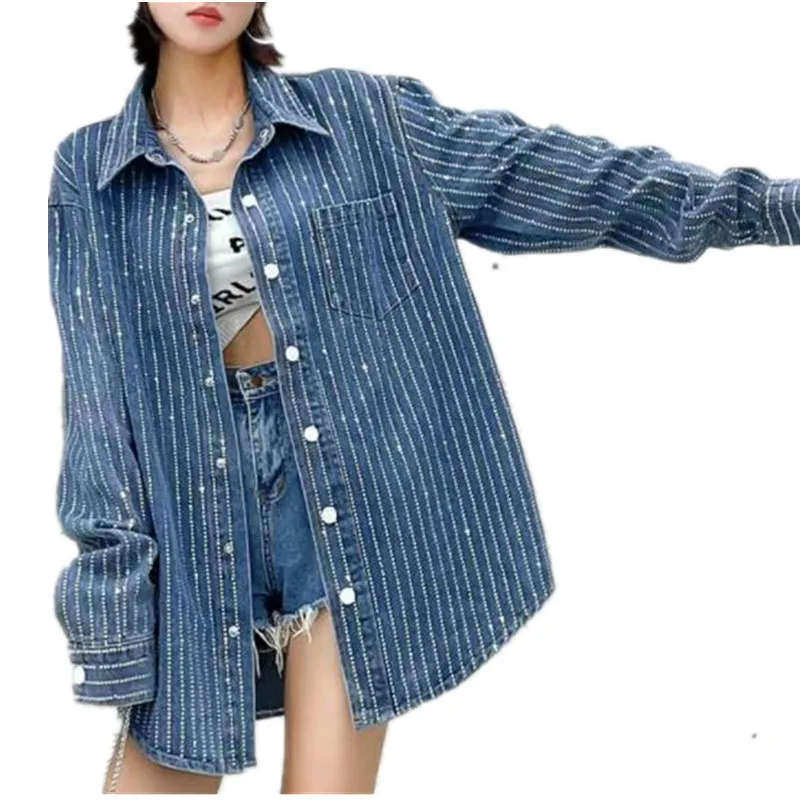Diamond Denim Jacket: Women's Striped Crystal Embellished Coat,  Autumn/Winter Loose Fit, Versatile Long Sleeve Shirt Jacket Shop Now!