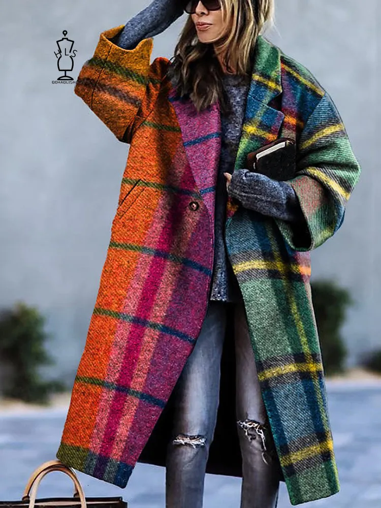 Fashion lapel collar red blue check printed woolen loose long coat sale