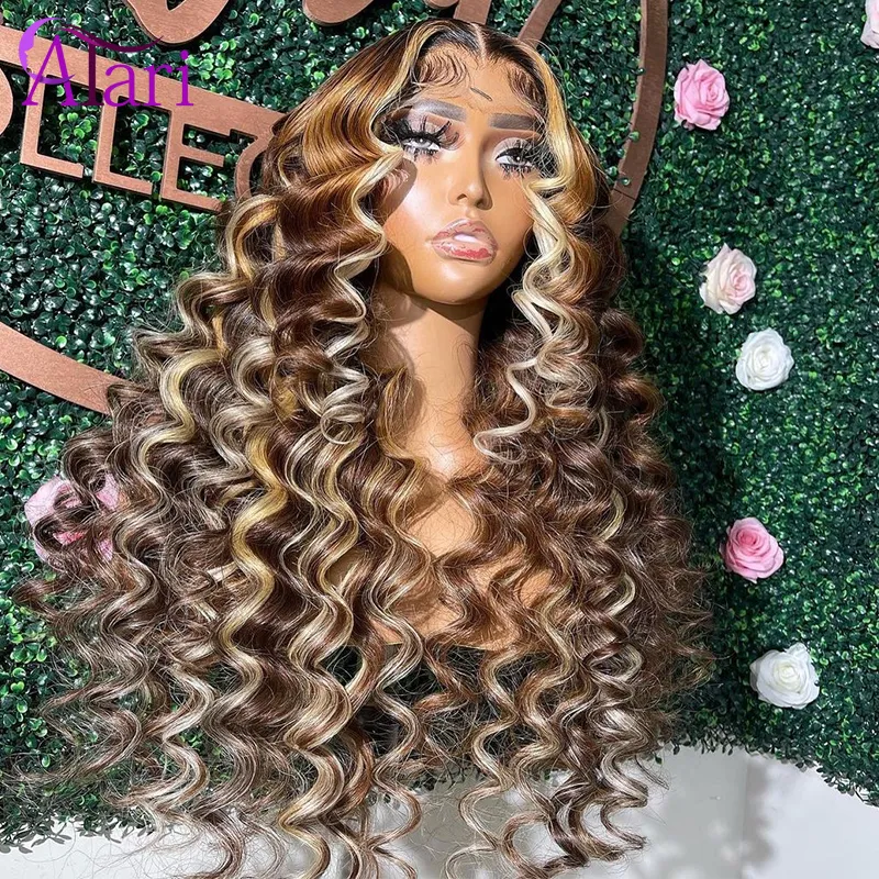 Highlight Brown Blonde Loose Wave Human Hair Lace Front Wig 