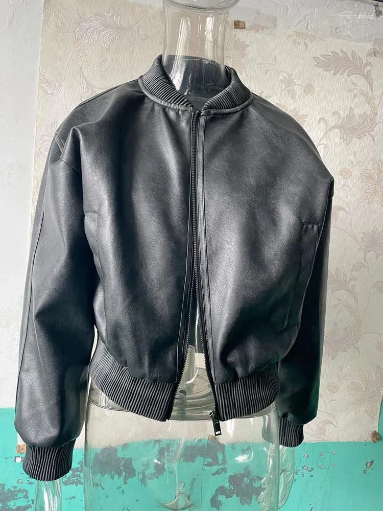 Women's Vintage Faded-Effect Bomber Jacket - Short Cropped PU Leather, High Neck, Streetwear Style Women's Vintage Faded-Effect Bomber Jacket - Short Cropped PU Leather, High Neck, Streetwear Style
