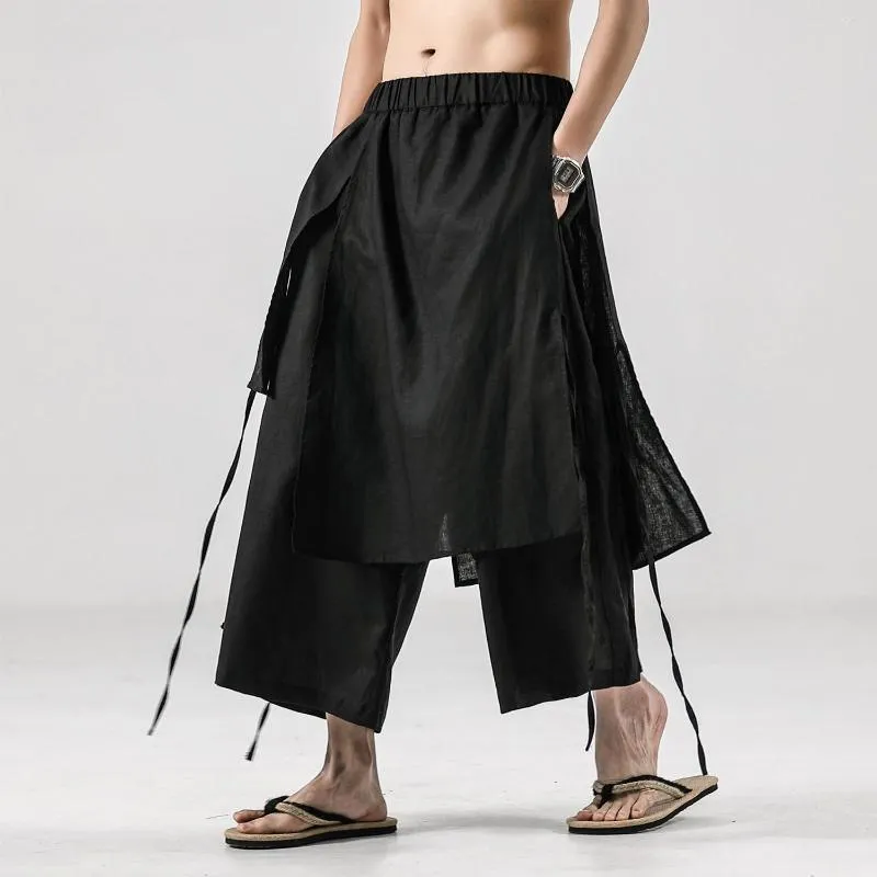 Herrbyxor svarta linne män stil ben bomull bred kinesisk bekväm kjol gammal lös hanfu
