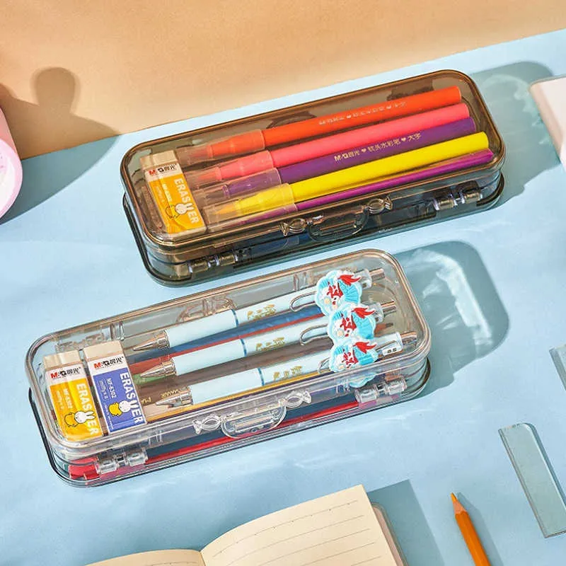 تعلم ألعاب كبيرة السعة قرطاسية مربع القلم رصاص حقيبة متعددة الوظائف قلم رصاص حالة شفاف طبقة مزدوجة الطالب تخزين القرطاسية
