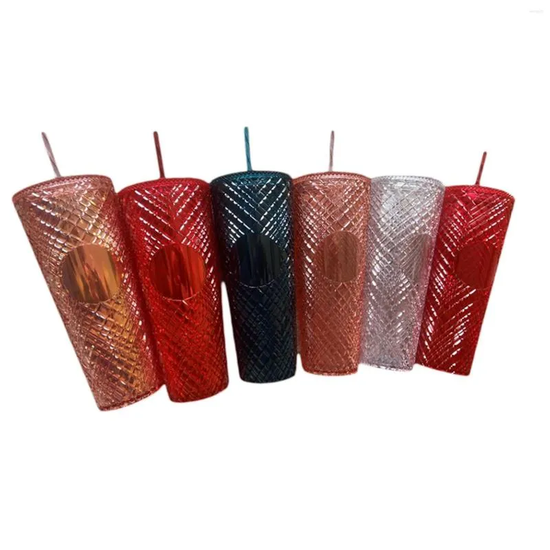 Waterflessen dubbele laag ijs ijskunde coffee cup glitter/normaal rhombus patroon bpa gratis met deksel en stro drink drinkware