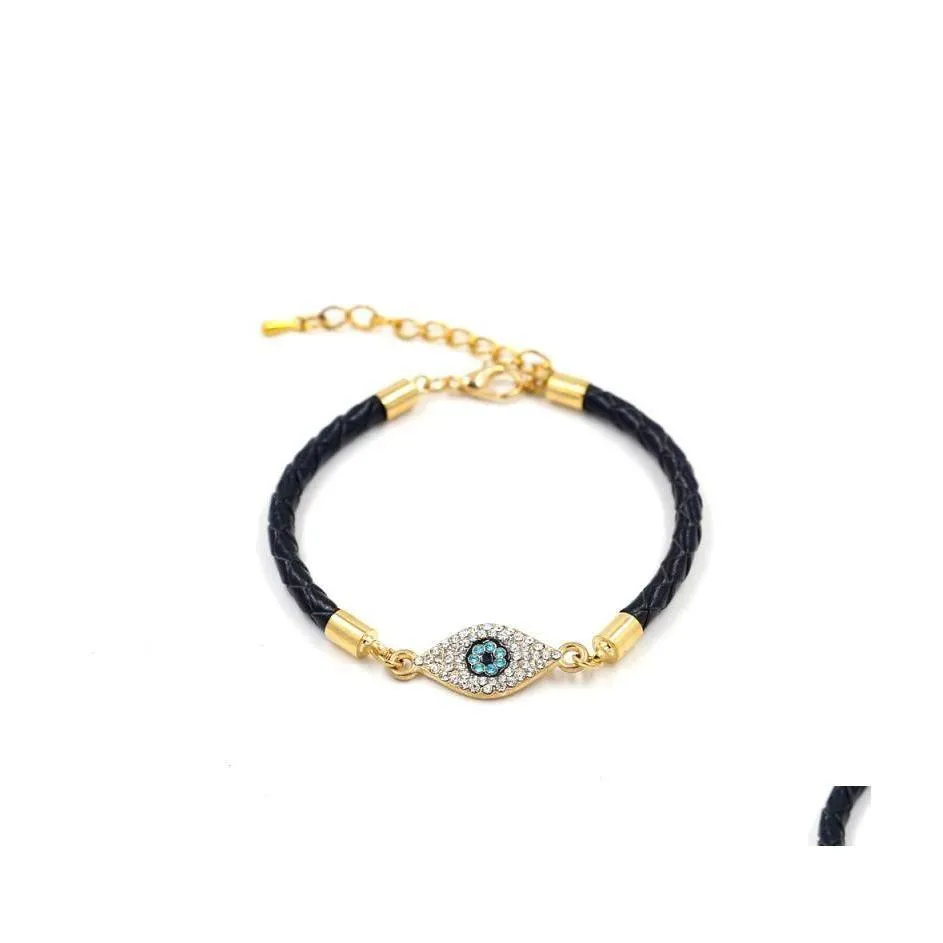 Bracelets de charme Bijoux de mode Strass Evil Eye Palm Tissé Cuir Corde Bracelet Amoureux Yeux Bleus Ornements Drop Livraison Dhtxv Ott9X