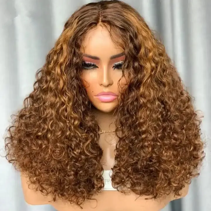 Glueless Tpart Highlight Ombre Curly Human Hair Lace Frontal Wig Brazilian Remy Honey Blonde Deep Wave T Part Front Wig For Women 13X4X1 250%denstiy