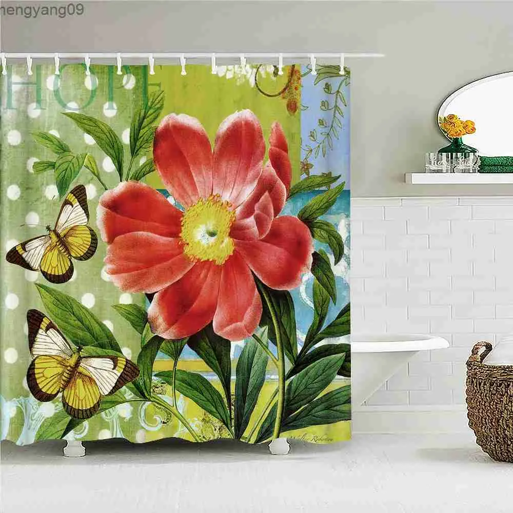 Shower Curtains Retro Flowers Butterfly Printing Frabic Shower Curtains Bathroom Curtain Waterproof Bath Curtain 180x180 With R230829