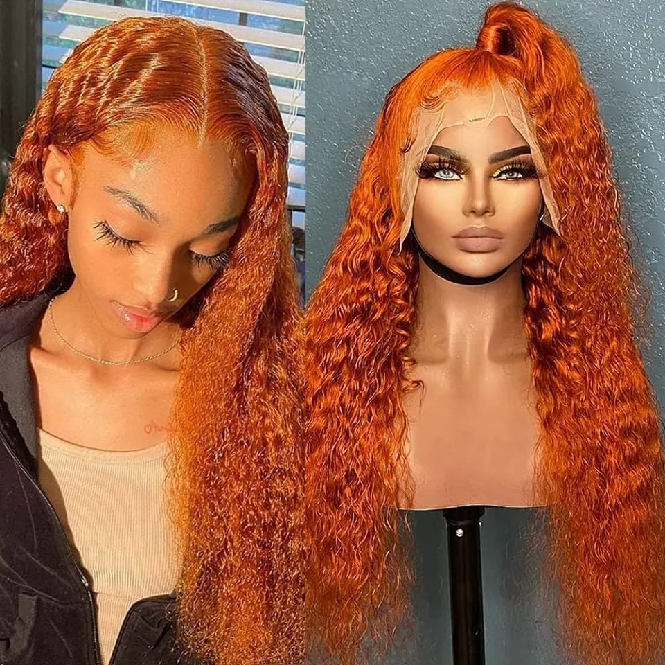 Ginger Orange 13x6 Transparent Deep Wave Lace Frontal Wig Colored Straight Lace Front Wig Kinky Curly Human Hair Wigs for Women