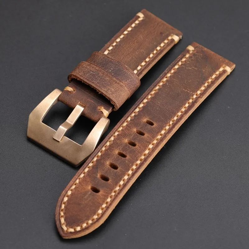 Titta på Bands Handfolded Brown Leather Watchband 20 21 22 23 24mm är lämplig för militär bronsband Buckle Bracele 230821