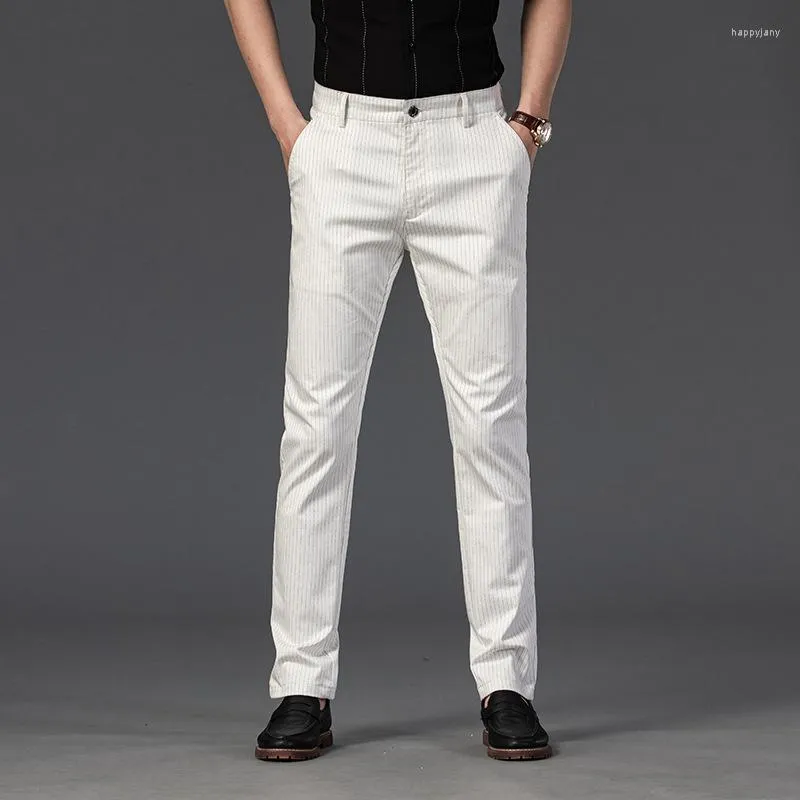 Men's Pants 2023 Summer Mens Stripe Stretch Pant Straight Slim Fit Business Plaid Formal Wedding Work White Trousers Male