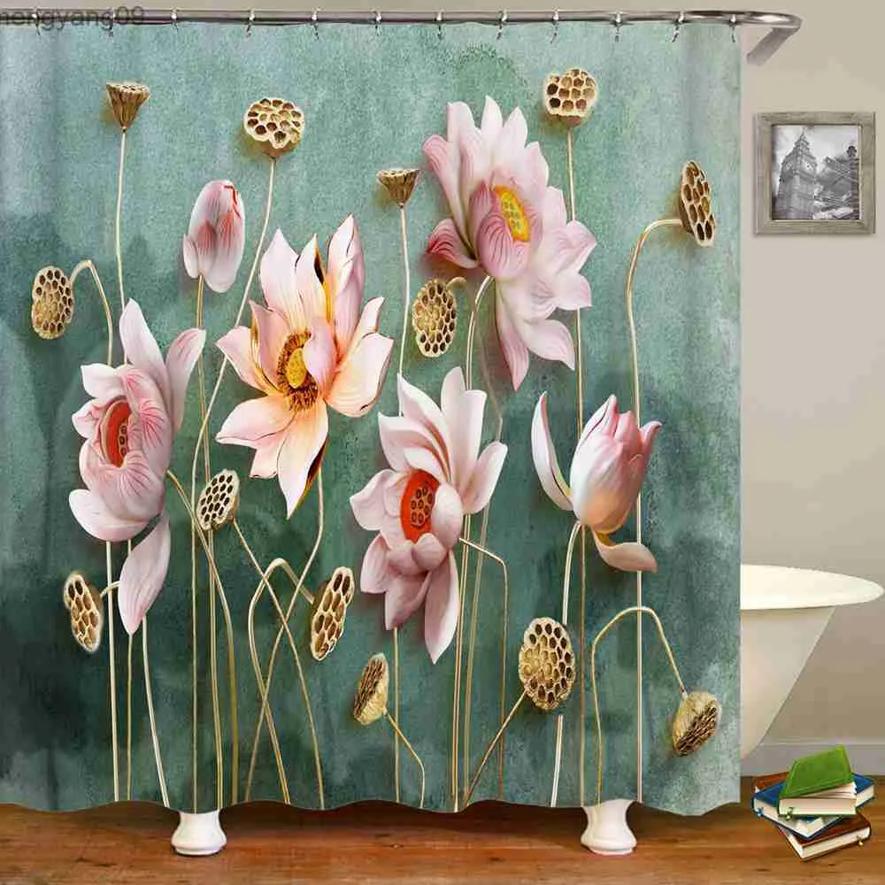 Shower Curtains Beautiful Colorful lotus Flower Floral Printed Shower Curtains Frabic Waterproof Bath Curtain With 180x180cm R230822