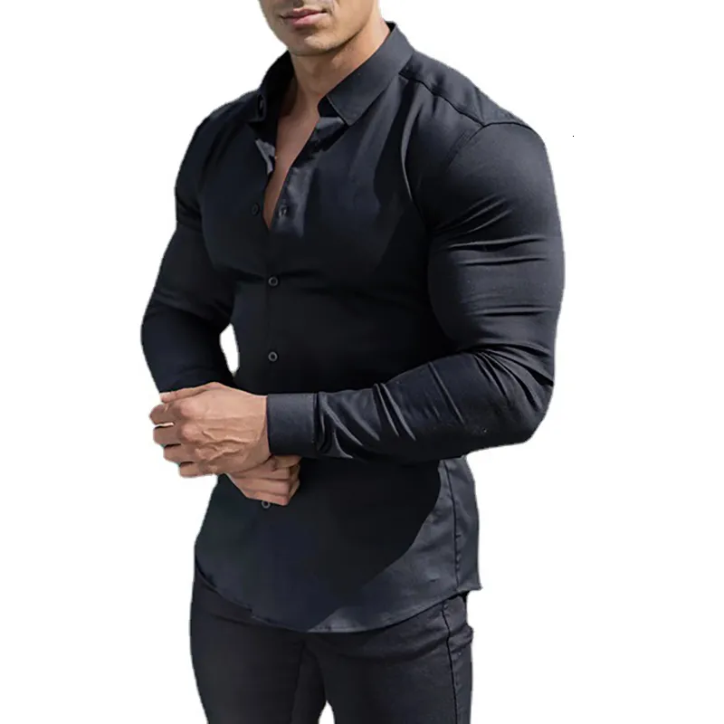 Męskie koszulki mody Modna solidna koszula Mens Super Slim Fit Male Social Business Dress Men Gym Fitness Sports Ubranie 230822