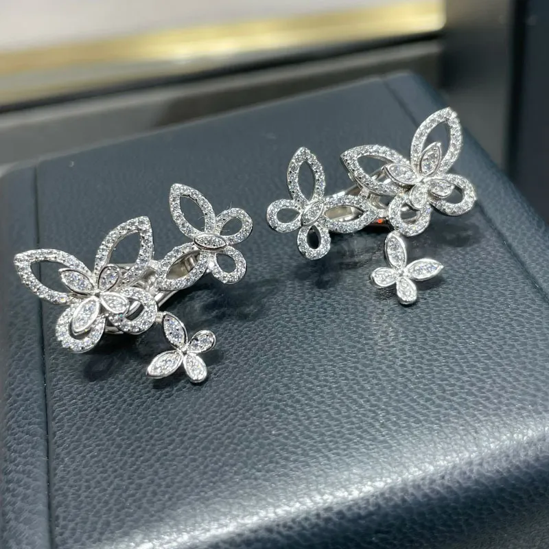 Branda dupe de alta qualidade 925 Sterling Silver Butterfly Flor Full Crystal Stud Brincos para mulheres
