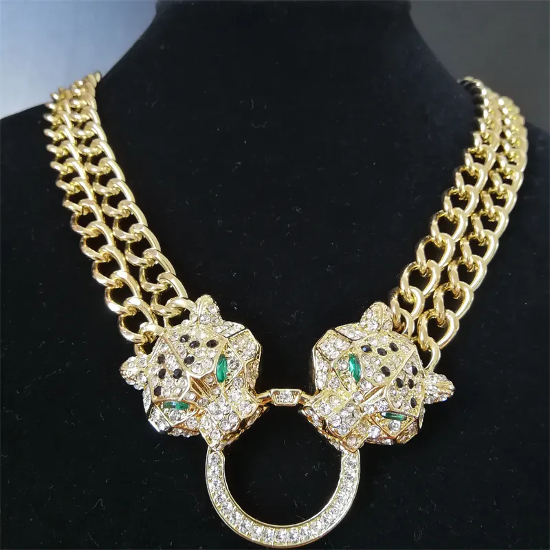 Pendant Necklaces Hip Hop Crystal Double Leopard Head Pendant Choker Necklace With Double Cuban Chain For Men Women Fashion Panther Jewelry 230821