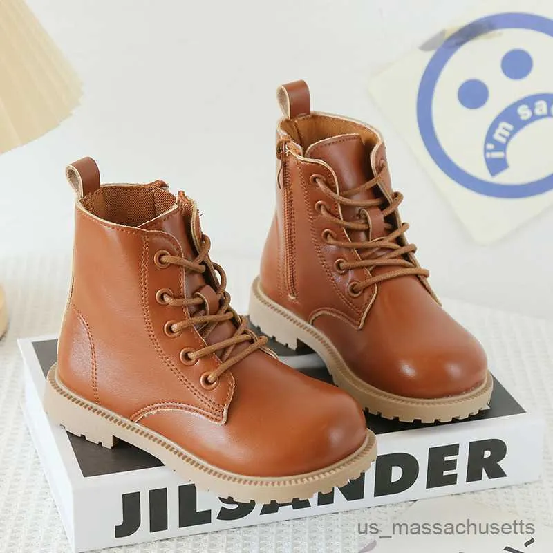 Boots 2023 Spring Autumn Kids Boots Side Zipper Lace-up Boys Leather Boots Working Waterproof Shoes Girls Ankle Boots Size R230822